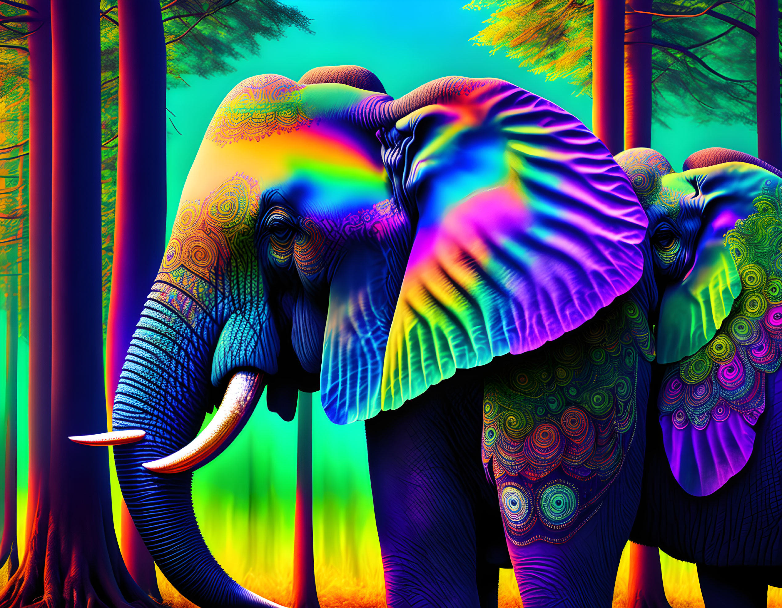 2 elephants connected together in a psychedelic fo