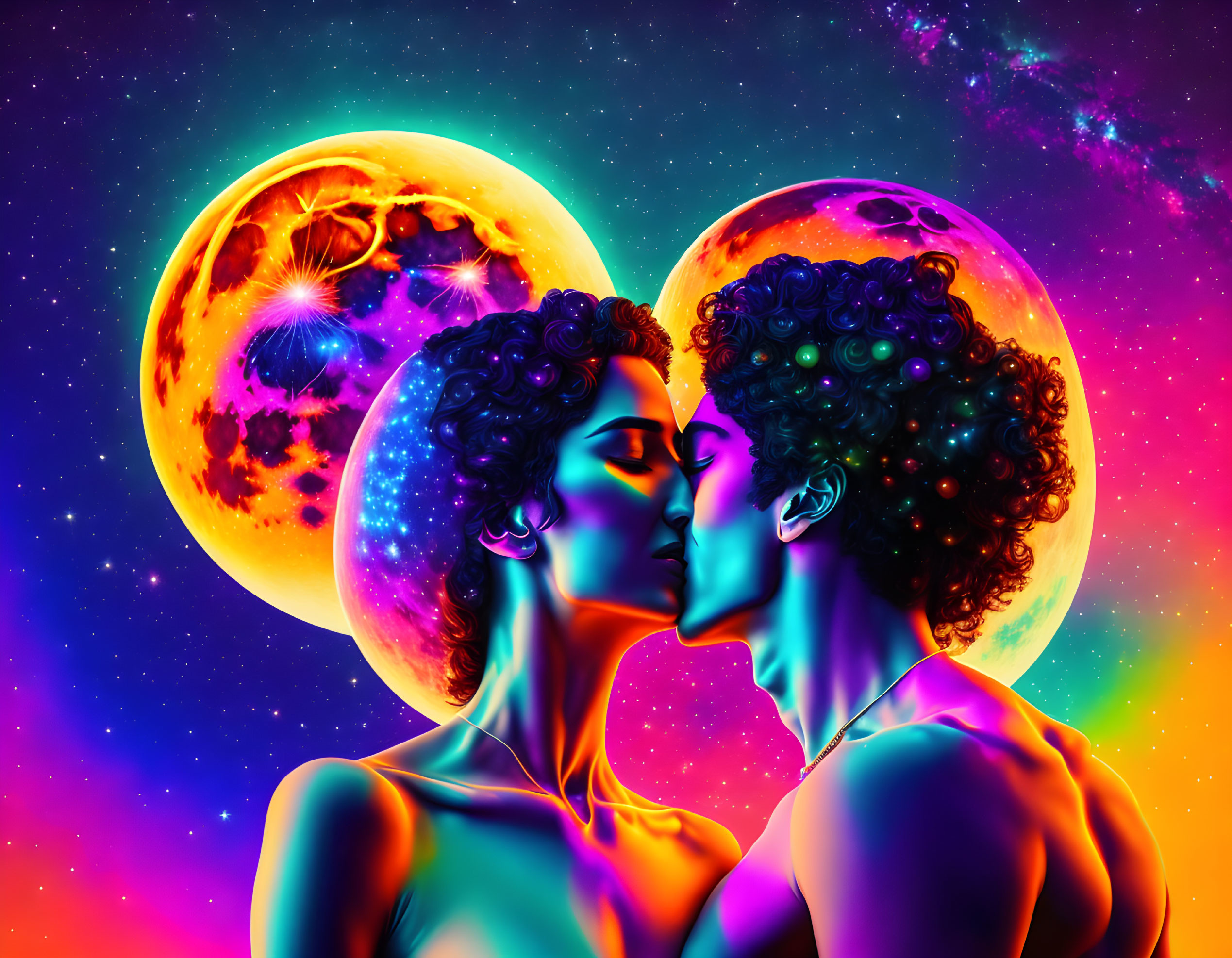 Two lovers embracing each other under a moon