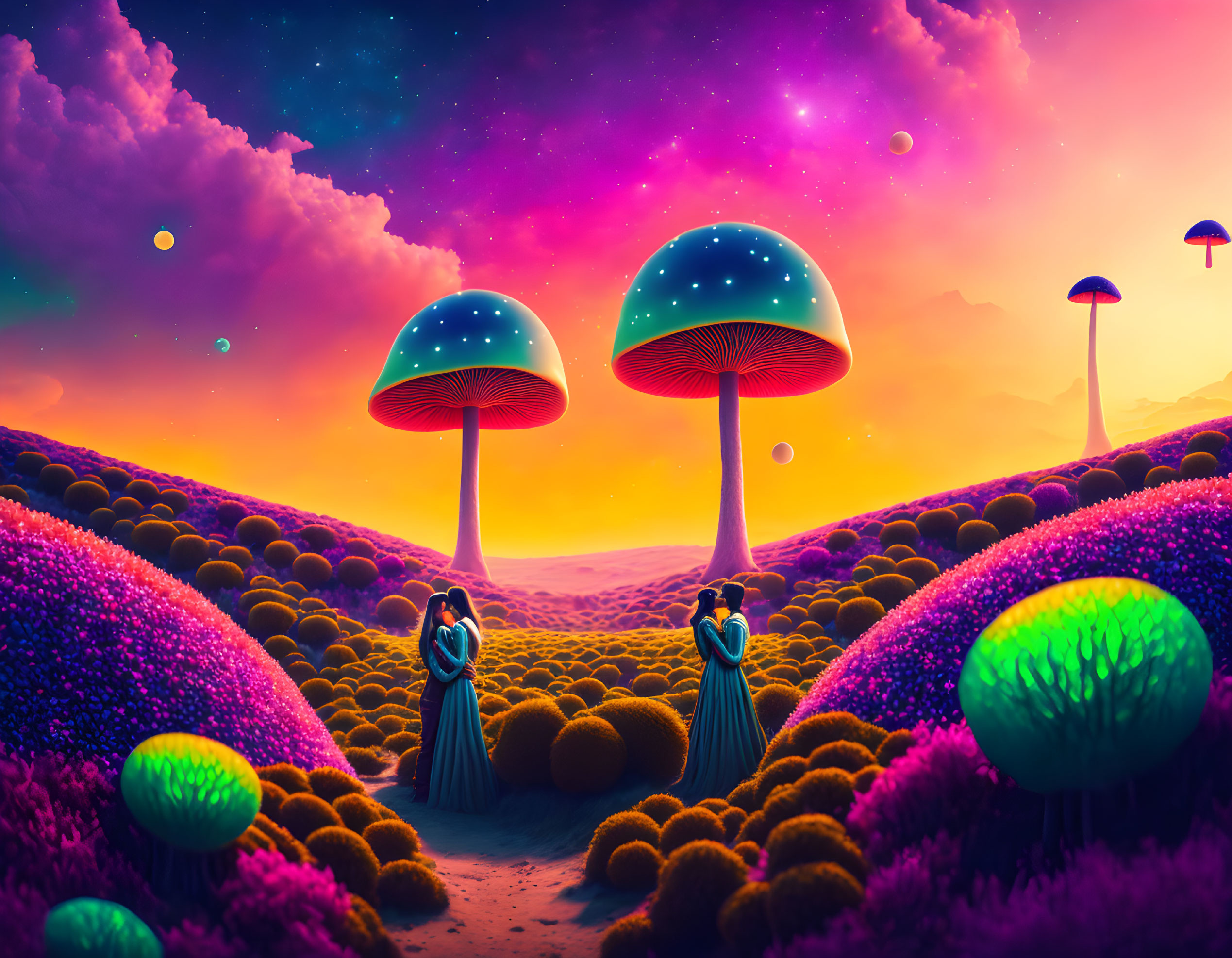 Lovers embracing in a mushroom field psychedelic 