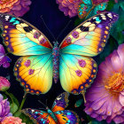 Colorful digital artwork: Mirrored female faces with butterfly overlay in psychedelic floral patterns