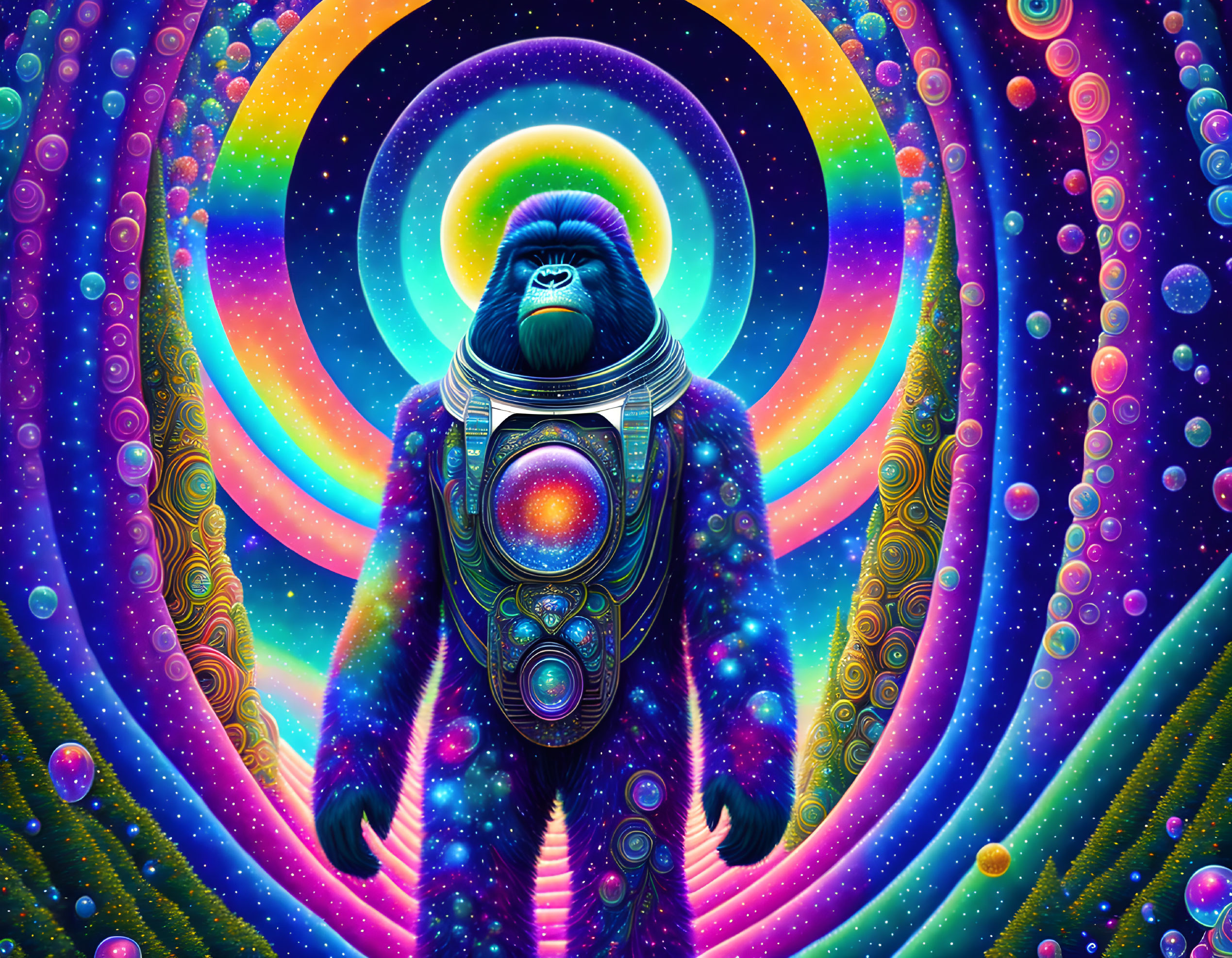 Bigfoot wearing space gear in a psychedelic forest
