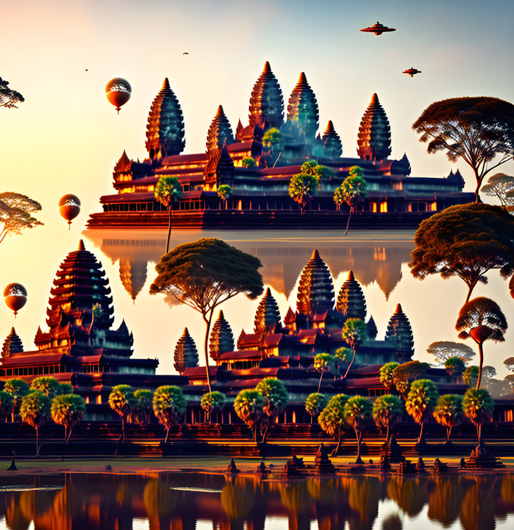 Psychedelic Angkor Wat as a spaceship on top