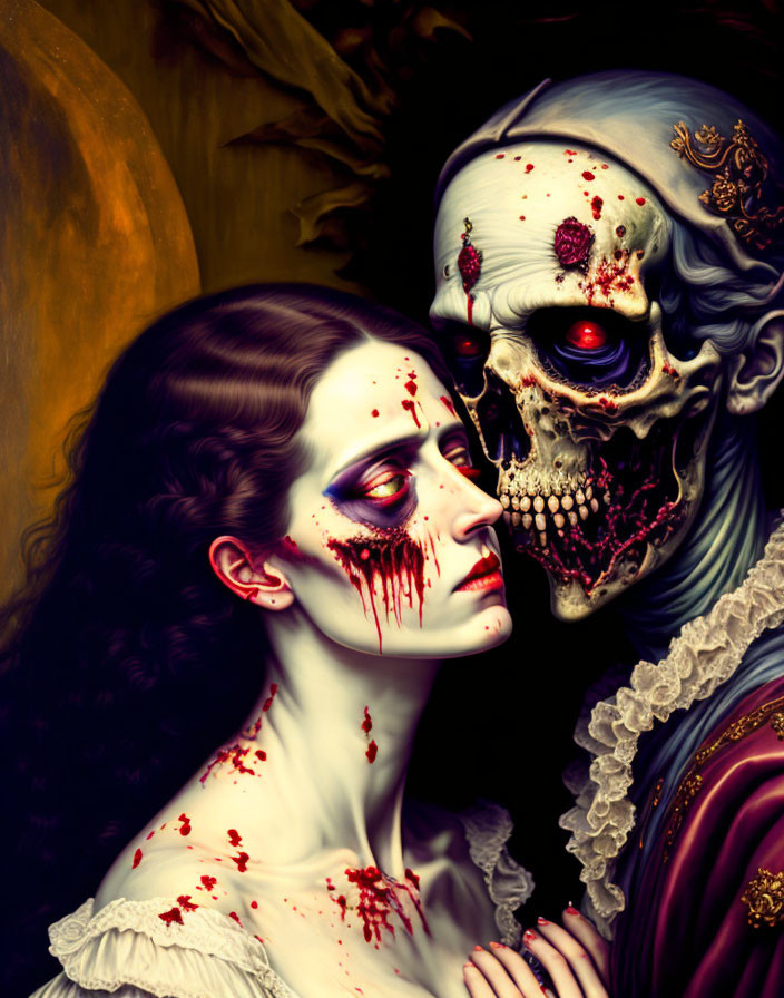 Digital artwork: Skeleton embracing pale woman with blood details on dark background