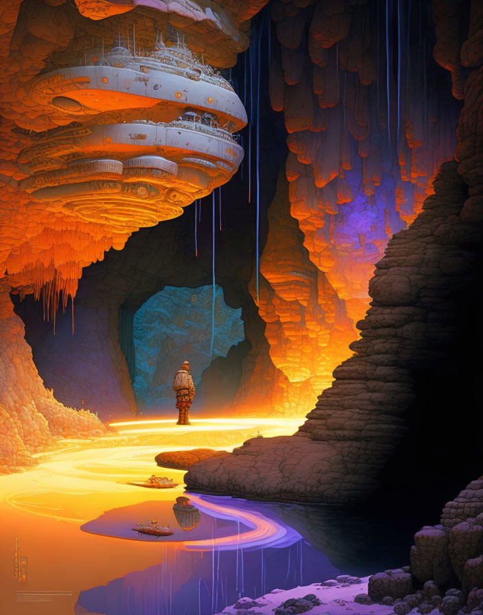 Majestic cavern with futuristic city and lone figure by orange pool