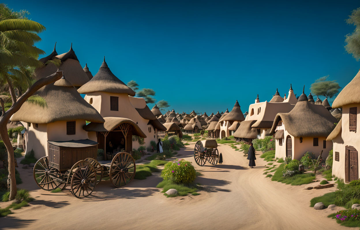 Tranquil 3D-rendered village with thatched huts and sandy paths