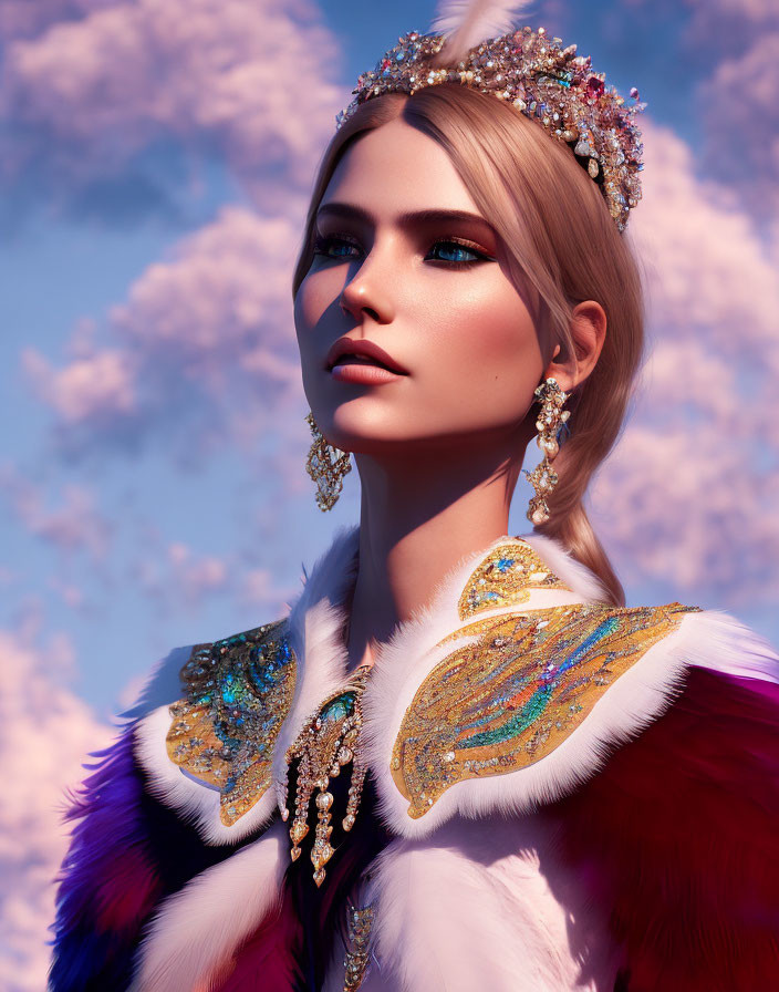 Regal woman adorned in jeweled crown and fur cloak under pink sky