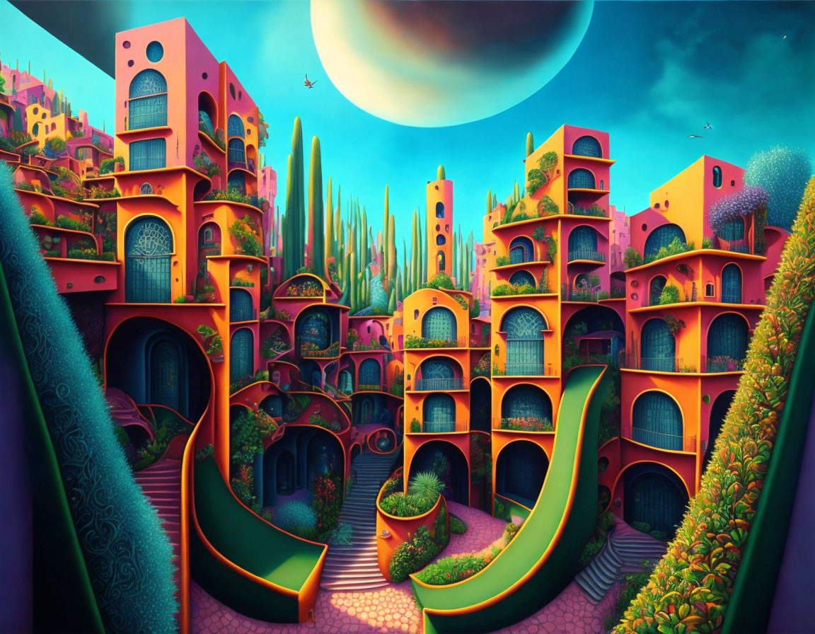 Surreal landscape with whimsical architecture, cacti, and oversized moon