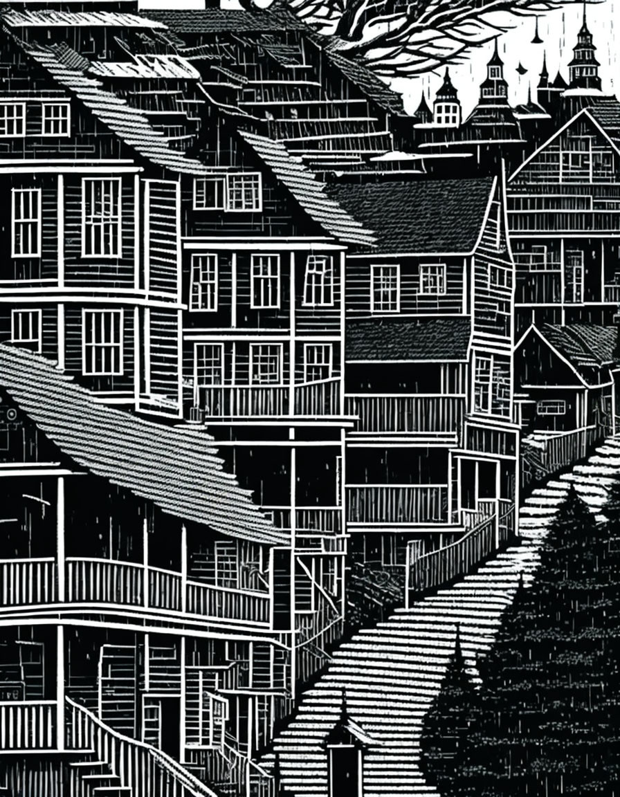 Detailed monochrome woodcut-style hillside town illustration