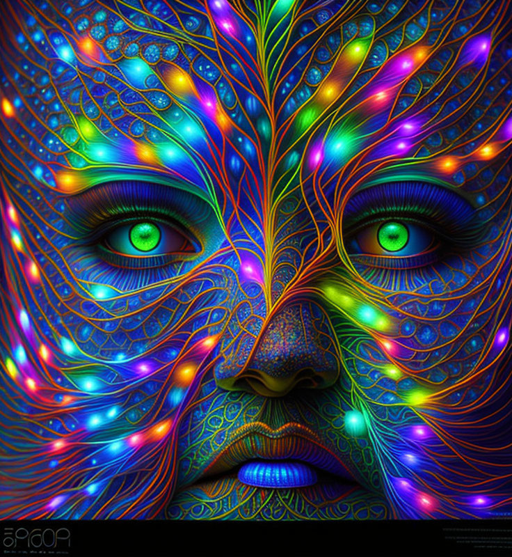 Colorful digital artwork: Intricate patterns and foliage designs on a face with neon colors and green eyes