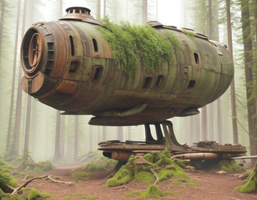 Rusted spacecraft covered in moss in misty forest