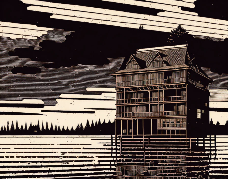 Detailed graphic illustration of multi-story house with balconies against striped skies and forest silhouette