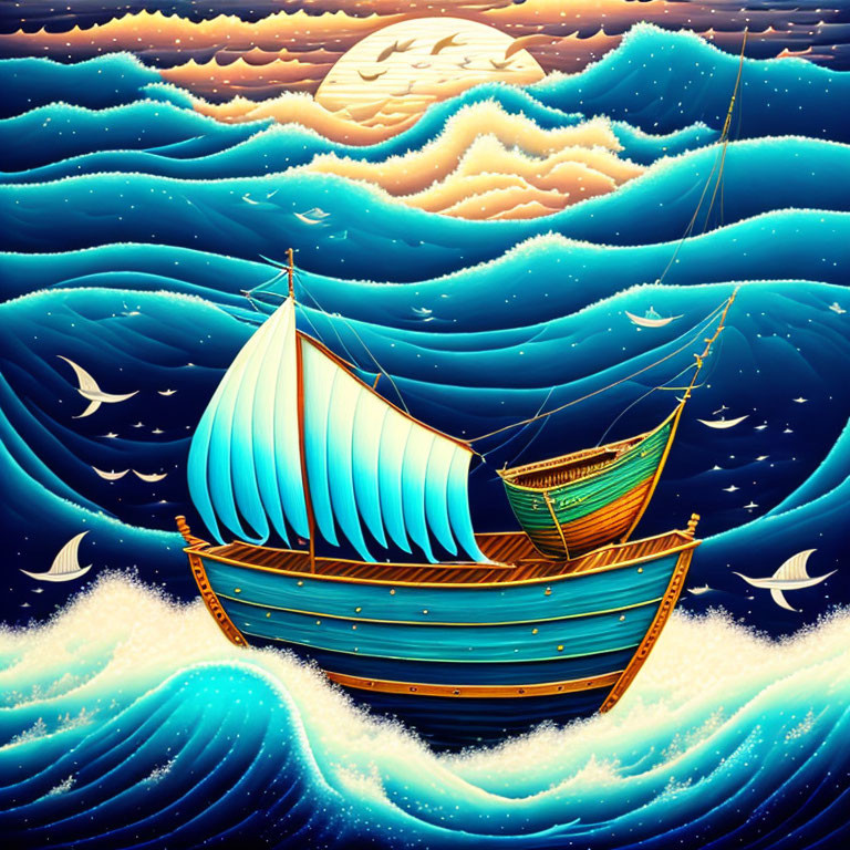 Vibrant colored illustration of wooden sailboat on tumultuous blue waves under moonlit sky with flying