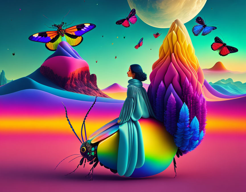 Colorful Beetle and Vibrant Butterflies in Dreamlike Landscape