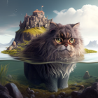 Majestic cat with island and castle, mirrored in water, with smaller cat and castle.