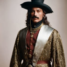Historical costume man with tall black hat and mustache poses against neutral background