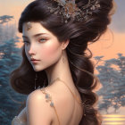Woman with Elaborate Updo Hairstyle and Jewelry in Sunset Sky Illustration