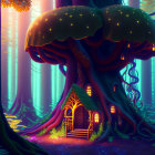 Fantasy tree illustration with glowing mushrooms and cozy house in mystical forest