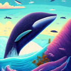 Illustration of giant whale above ocean with marine life, birds, colorful sky, and coral formation