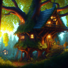 Enchanting Treehouse in Mystical Forest with Warm Glowing Lights