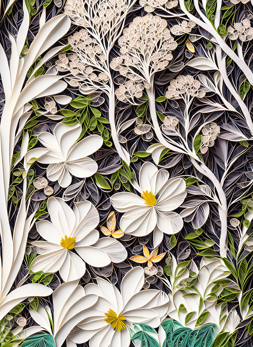 Detailed Quilled Paper Art: White Flowers, Leaves, and Ornate Patterns