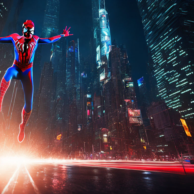 Person in Spider-Man Costume Poses Dramatically in City Night Scene