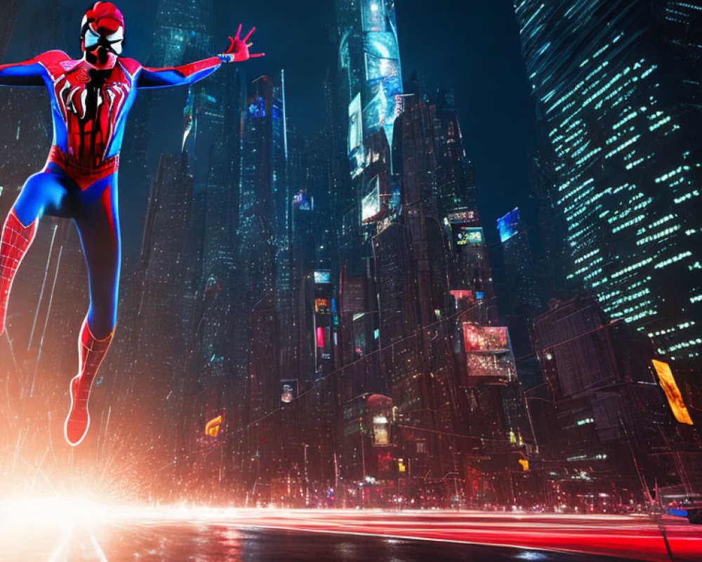 Person in Spider-Man Costume Poses Dramatically in City Night Scene