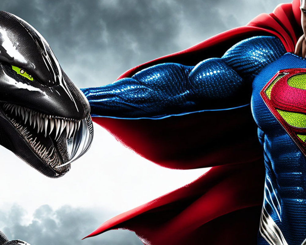 Superman and Venom confrontation under stormy sky
