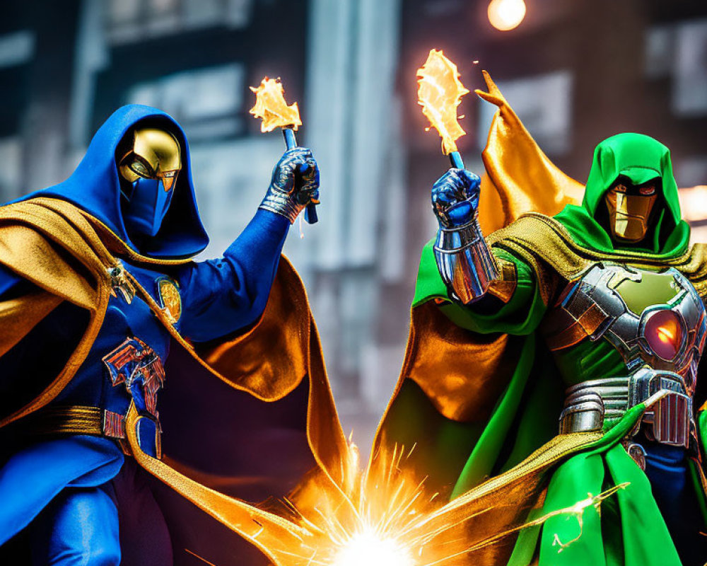 Superhero action figures in blue and green with hand effects in city backdrop
