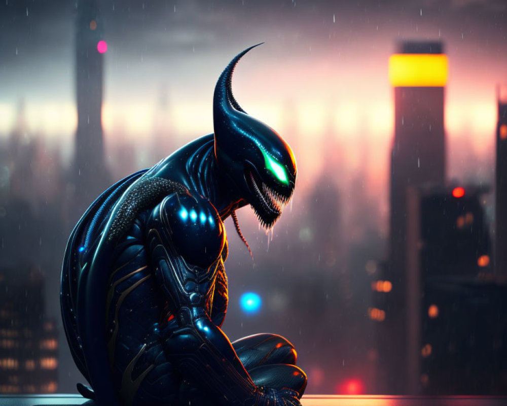 Dark exoskeleton humanoid alien in rainy cityscape at night