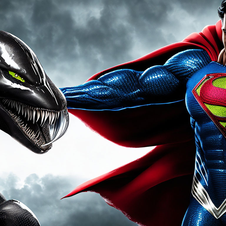 Superman and Venom confrontation under stormy sky