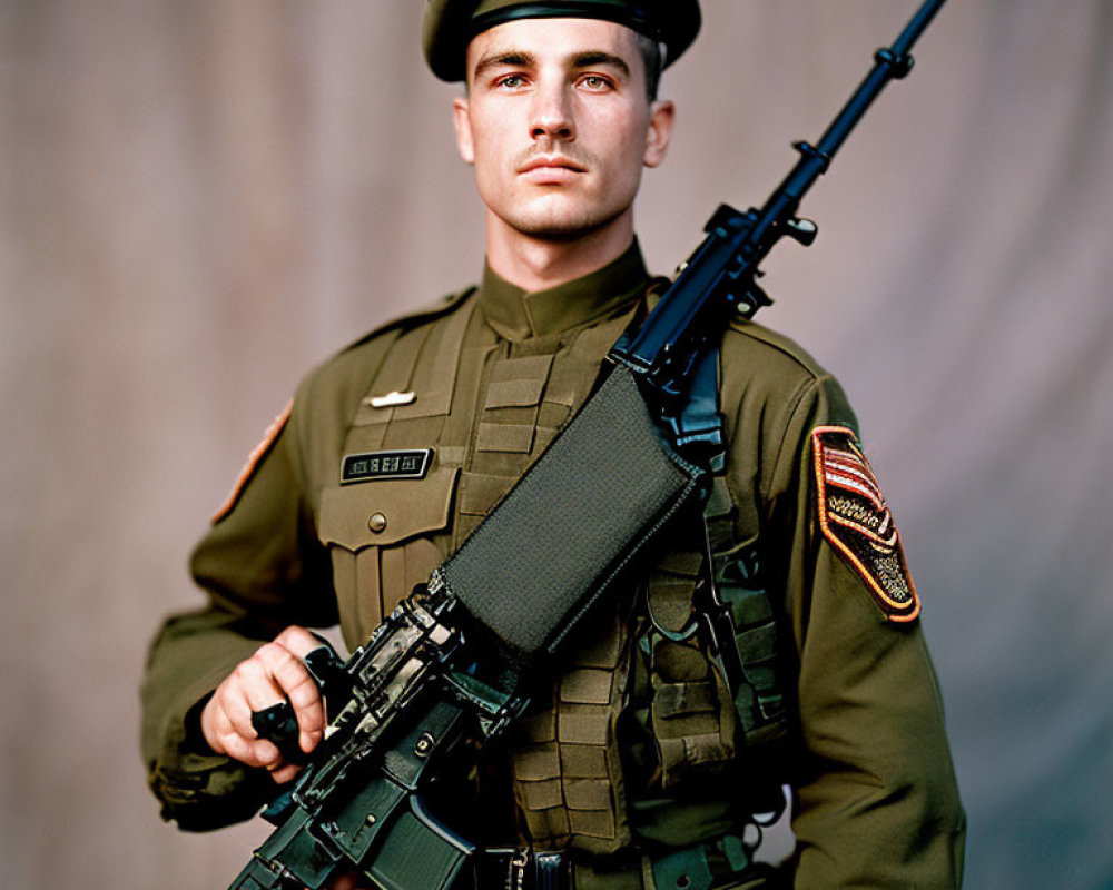 Uniformed Soldier Standing at Attention Holding Rifle Vertical