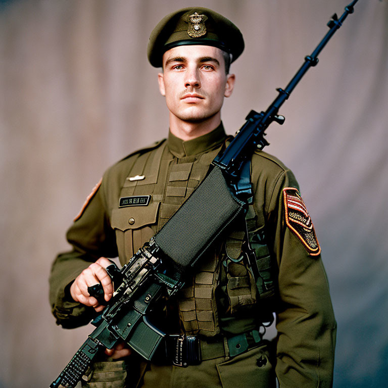 Uniformed Soldier Standing at Attention Holding Rifle Vertical