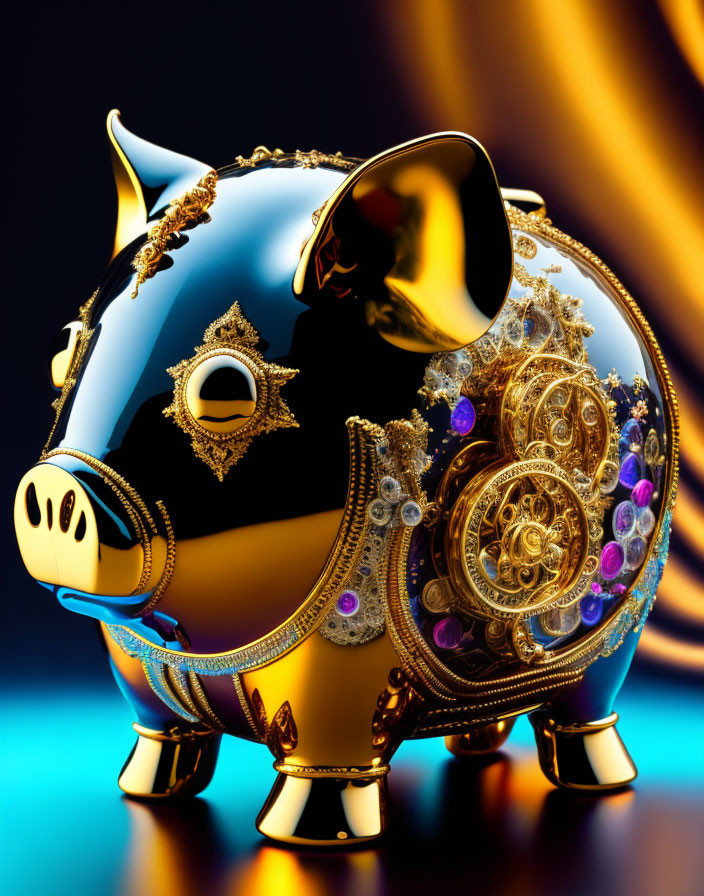 Ornate Piggy Bank with Golden and Black Design and Purple Gems