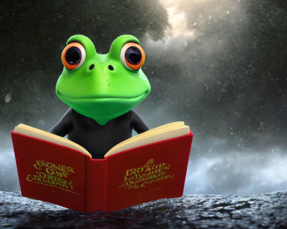 Anthropomorphic frog in suit reading "Donkey Oatie" book in misty backdrop