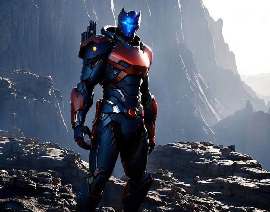 Futuristic armored figure with glowing blue visor in mountainous backdrop