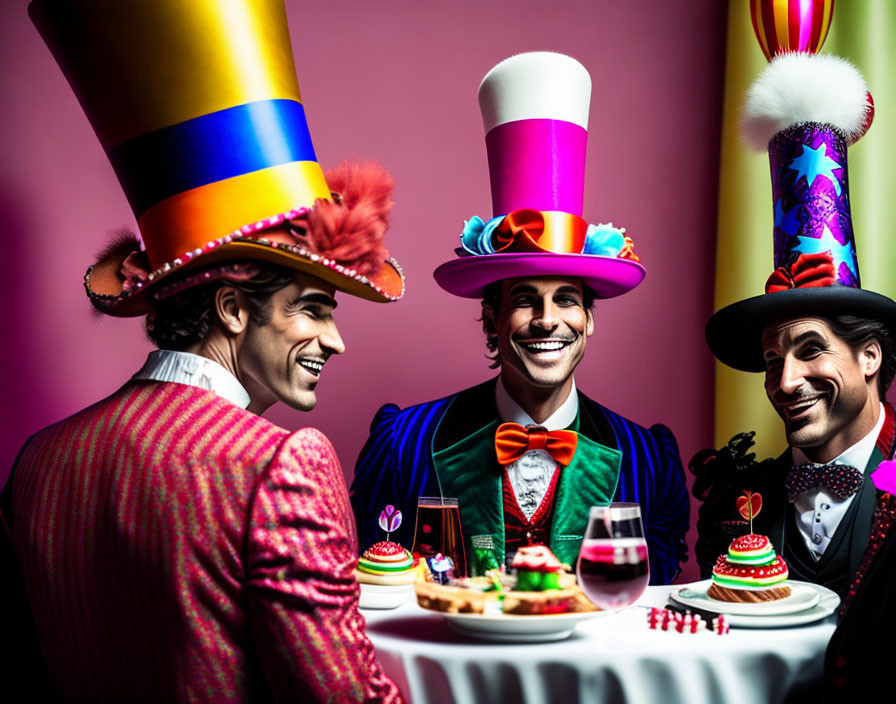 Colorful Men in Whimsical Outfits Gathered Around Festive Table