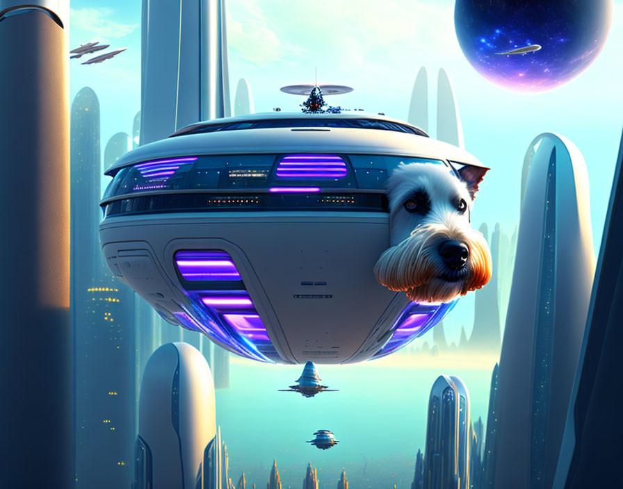 Futuristic cityscape with dog-shaped spaceship among skyscrapers