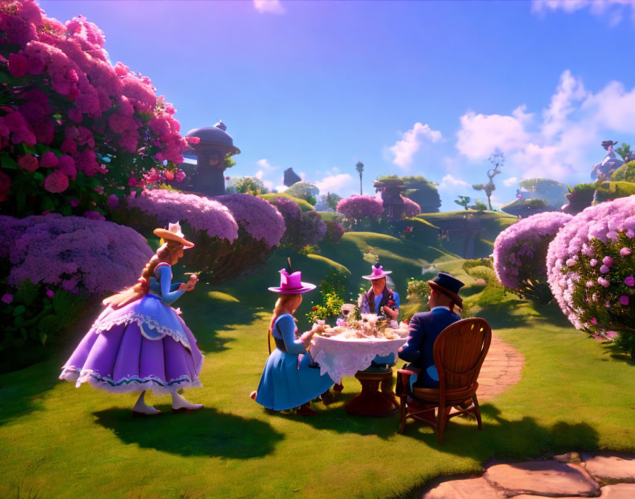 Vibrant Victorian tea party in colorful animated scene