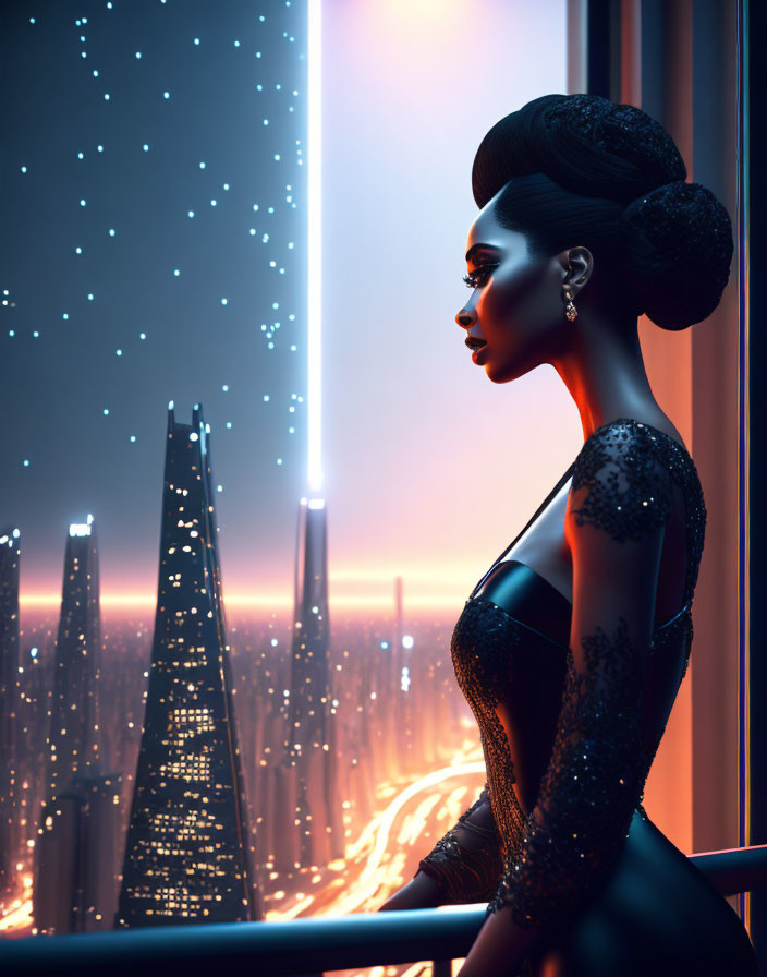 Contemplative woman in elegant dress gazes at futuristic cityscape at night