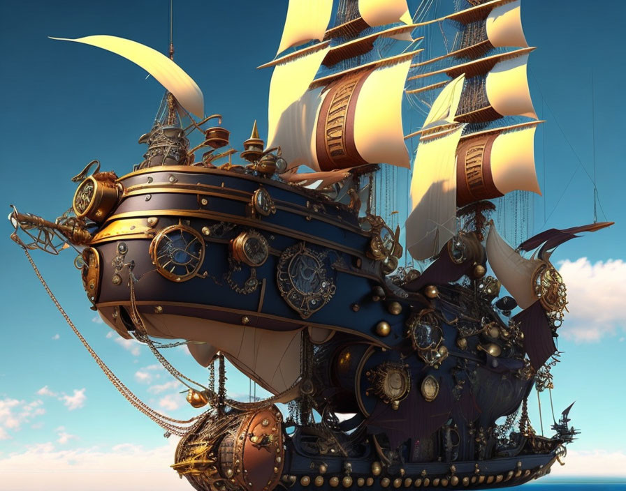 Steampunk-inspired ship with golden sails and intricate gears