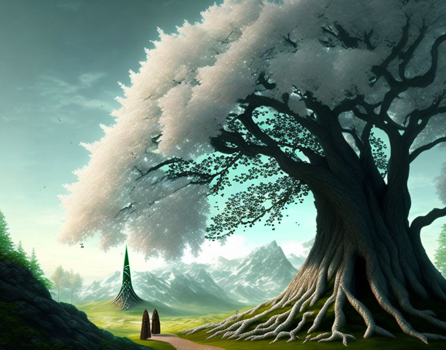 Fantastical landscape with pink tree, path to mountains & spire-like structure