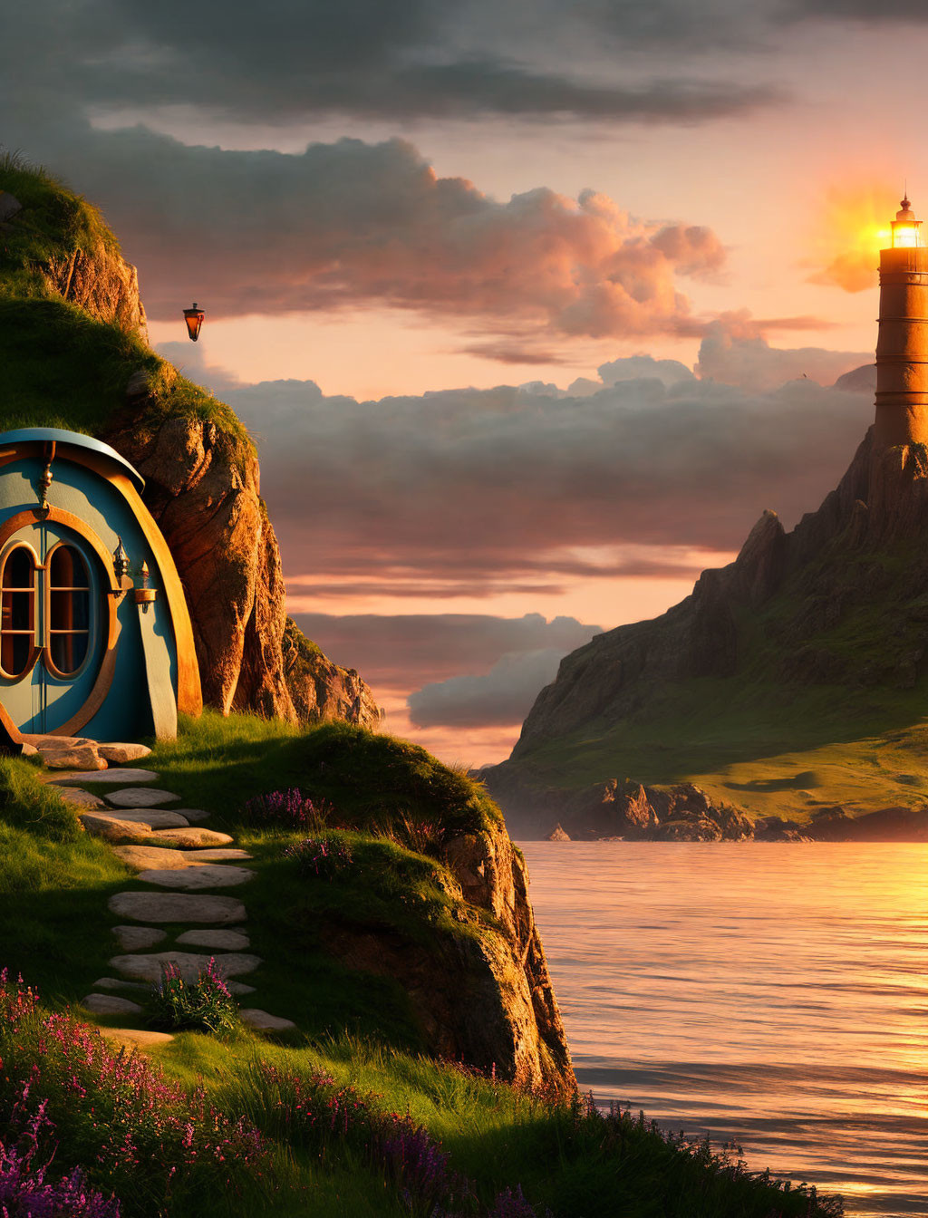 Seaside landscape with round hobbit-style door and lighthouse at sunset