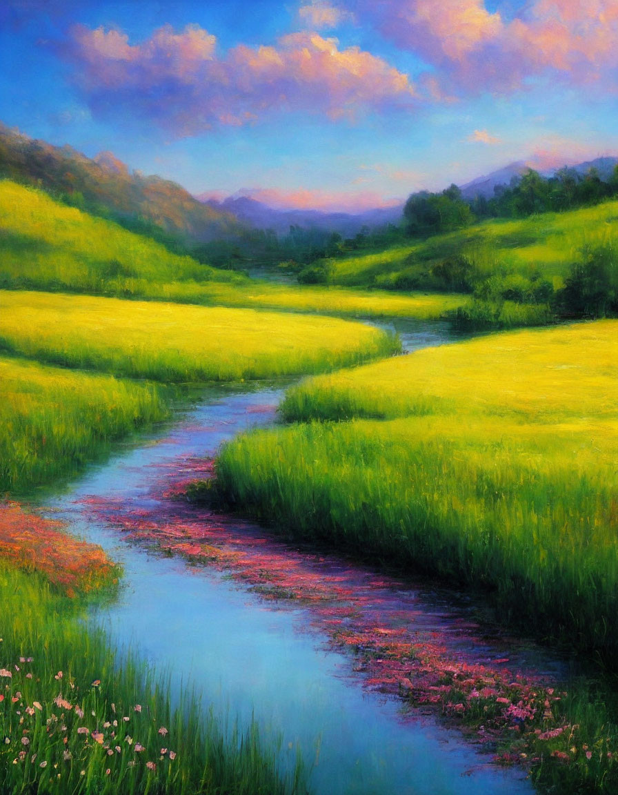 Vibrant landscape painting of stream through green fields under pink-tinged sky