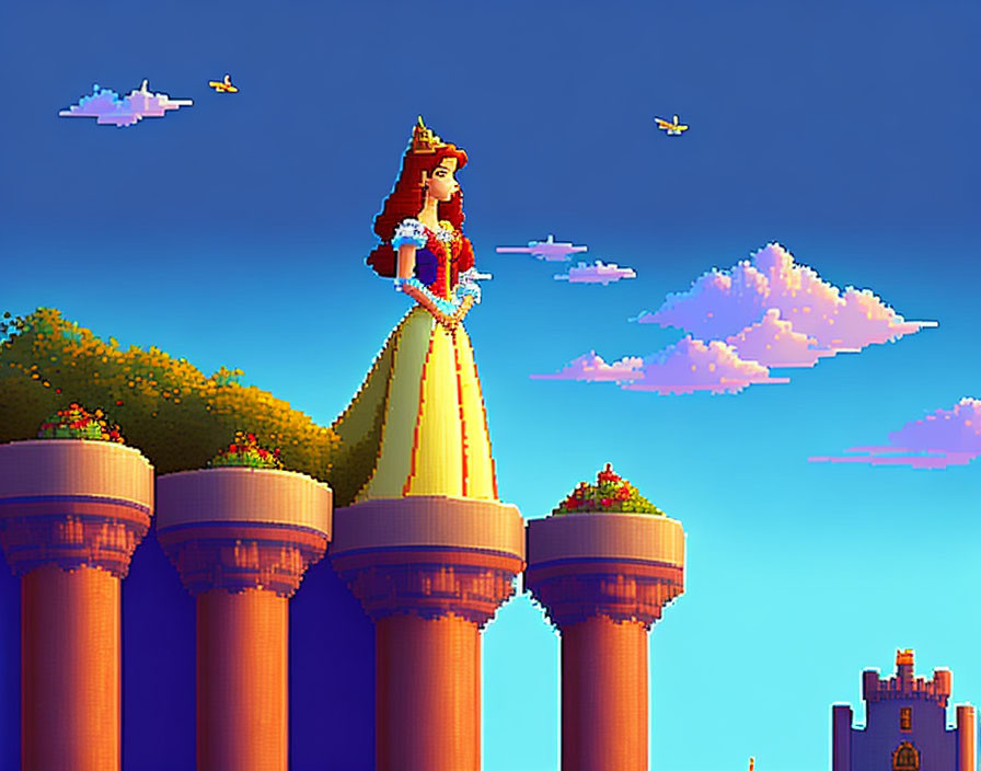 Princess Pixel Art on Pillar with Castle and Cloudy Sky