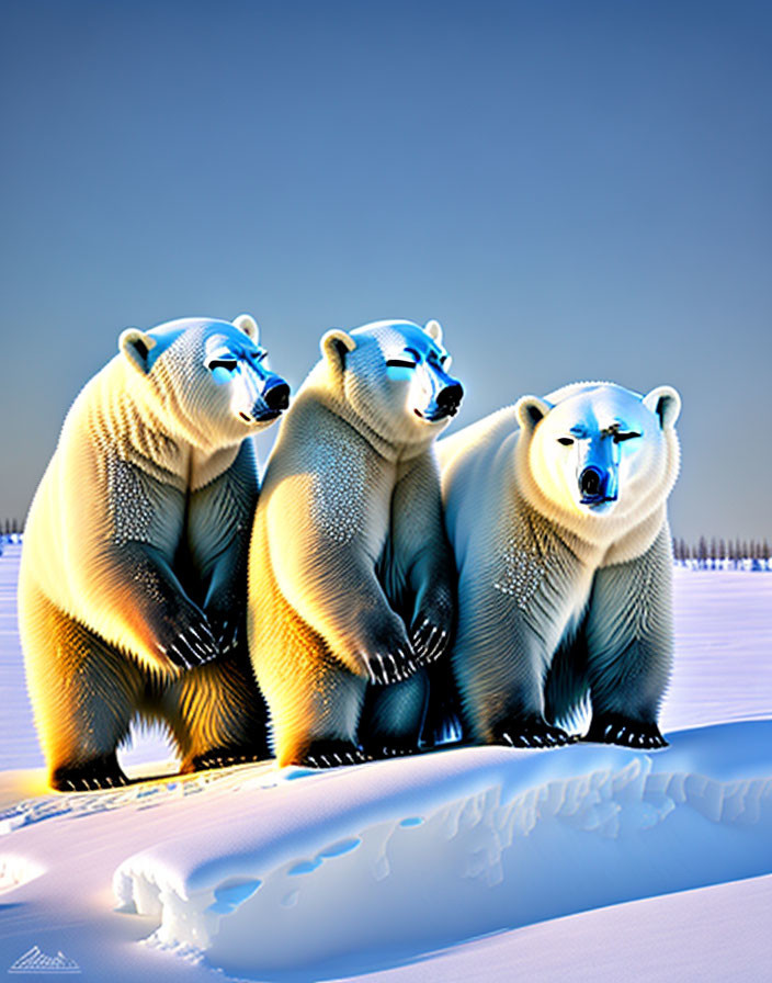 Stylized polar bears on snowy landscape with blue sky