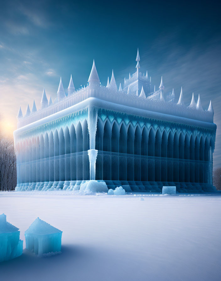 Digital artwork featuring majestic ice palace against snowy landscape