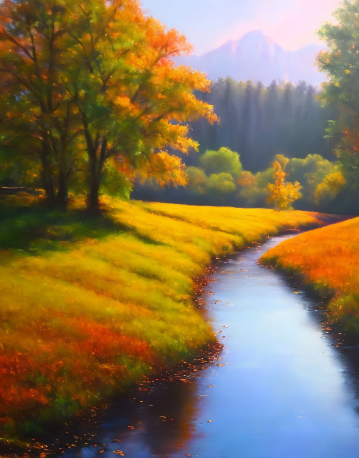 Tranquil landscape: serene river, autumn forest, mountain