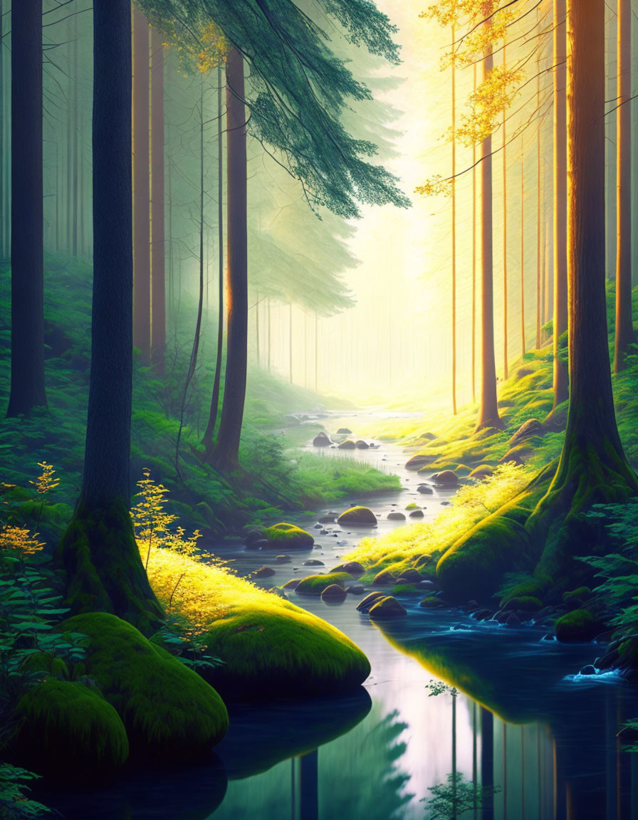 Tranquil Forest Scene with Tall Trees and Sunlit Stream