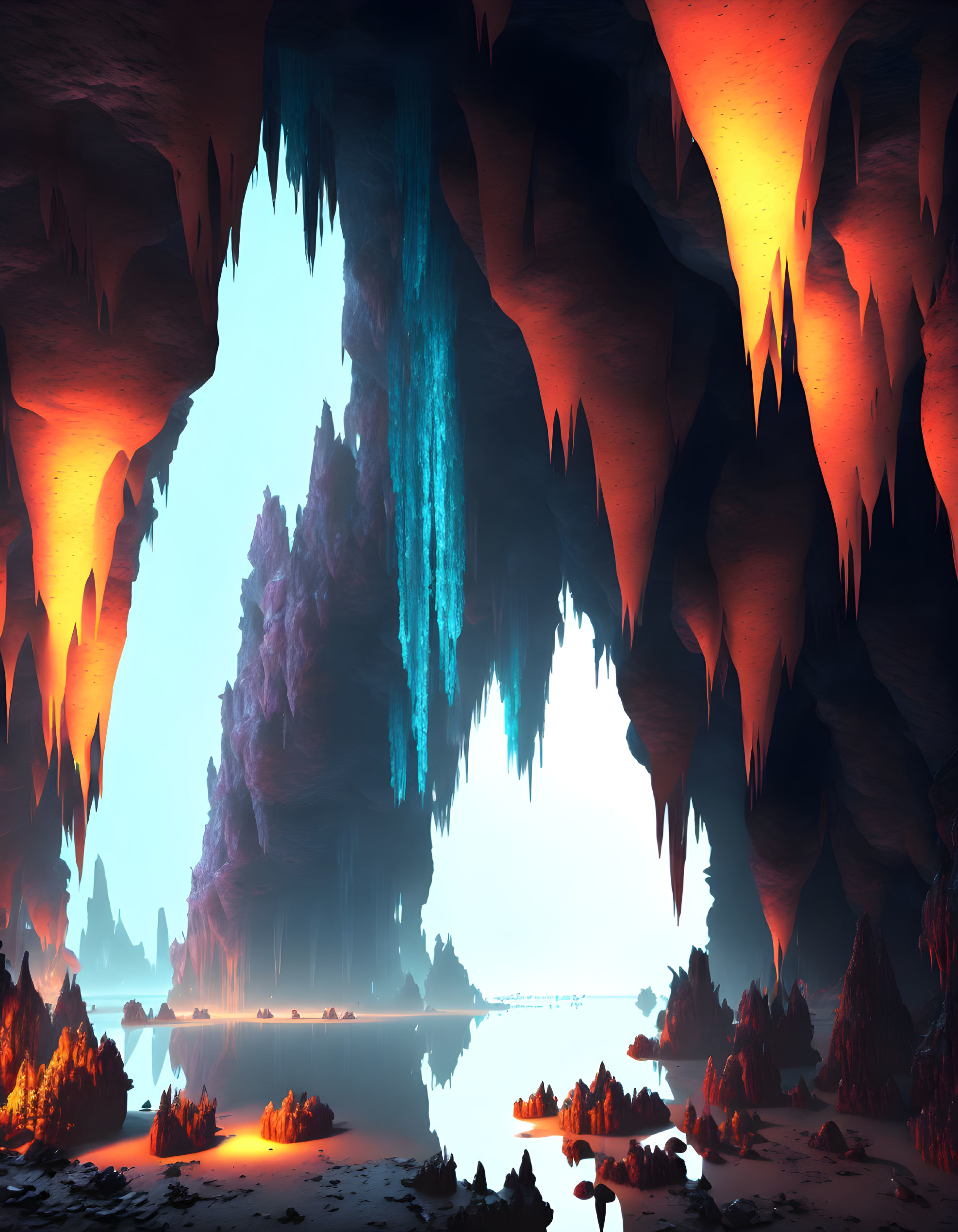 Ethereal cave with orange stalactites and blue waterfall