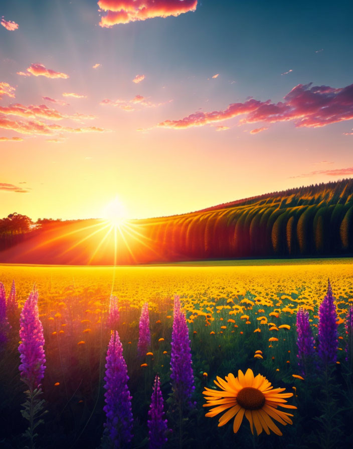 Colorful sunset scene with sunflowers, purple flowers, and treeline under vibrant sky.